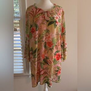 J Jill Womens Pink Tropical Floral Tunic Top Size XL Ruffle Tie Neck Bell Sleeve